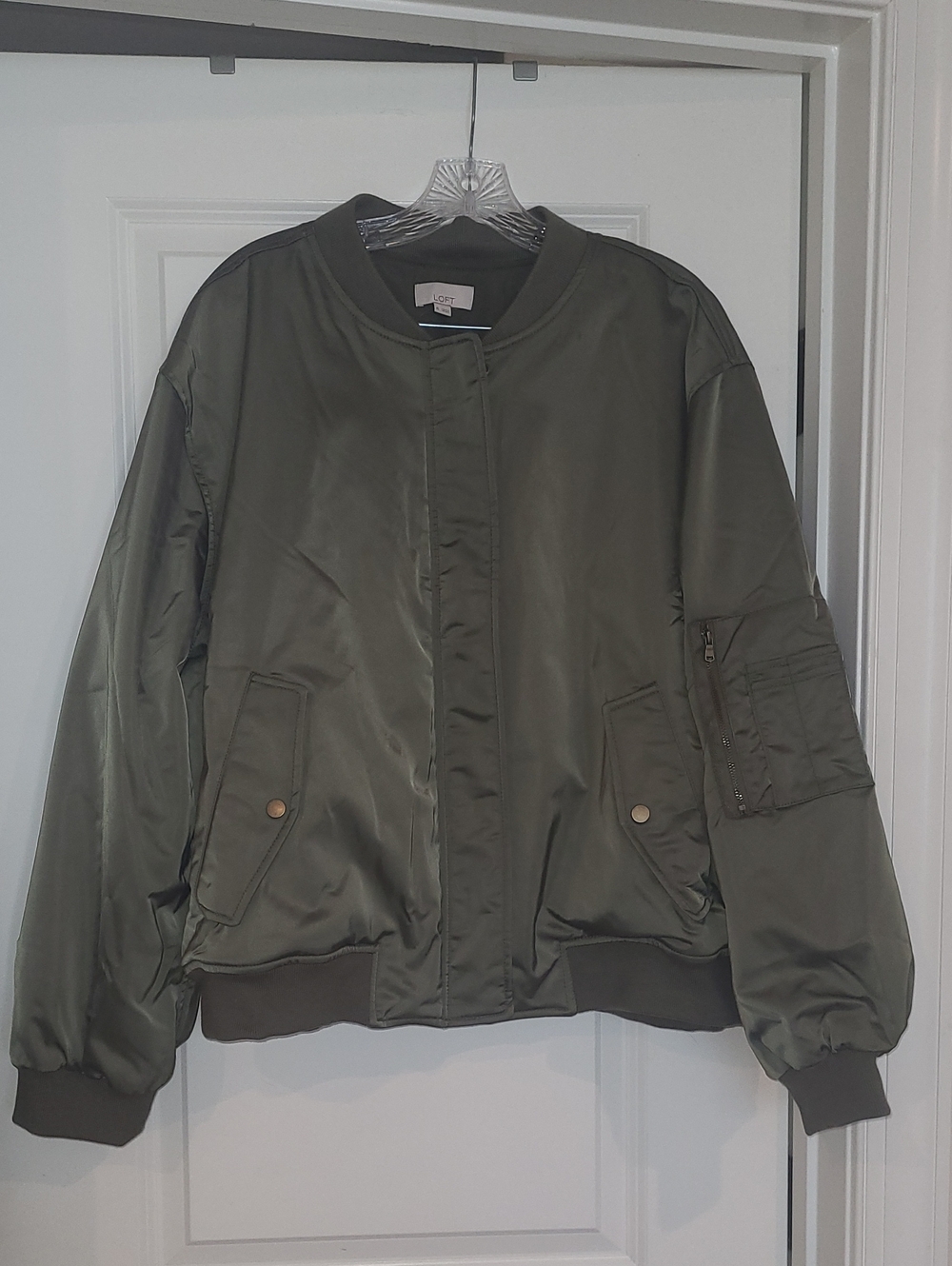 LOFT Olive Green Satin Bomber Jacket